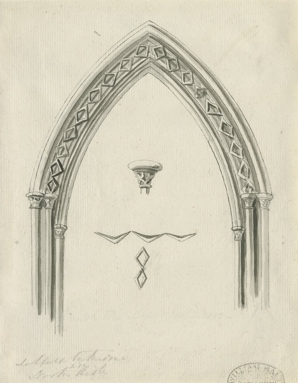 Interiér katedrály Lichfield – oblouk v severní uličce: sépiová kresba, nd [?19. století] (kresba) od John Carter