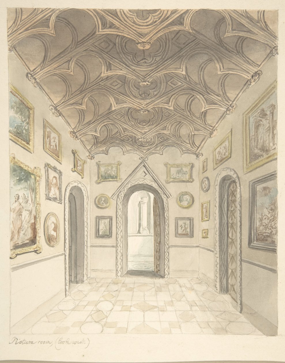 Lea Castle, Worcestershire, Picture Room, Looking West, ca. 1816. od John Carter.
