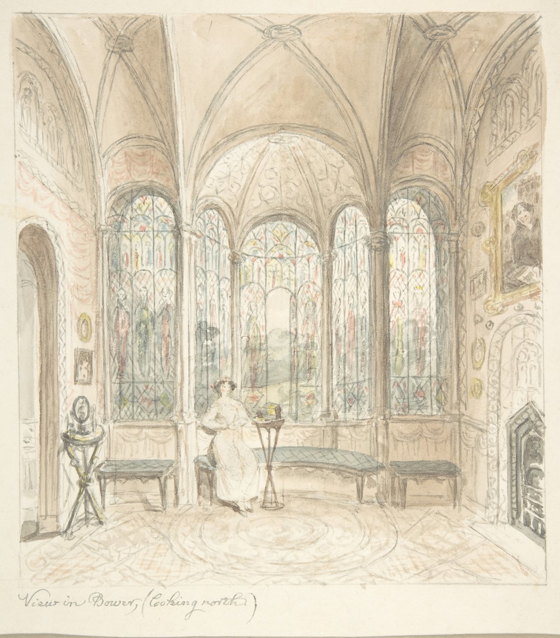 Lea Castle, Worcestershire, pohled v Bower, při pohledu na sever, ca. 1816. od John Carter.