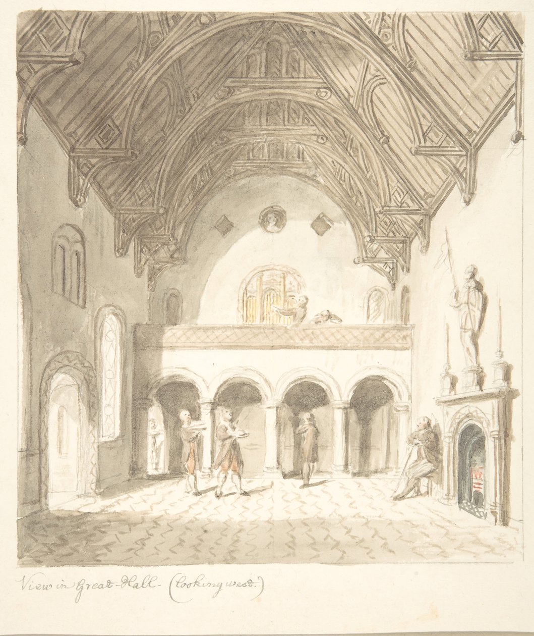 Lea Castle, Worcestershire, Pohled ve Velké síni, Pohled na západ, ca. 1816. od John Carter.