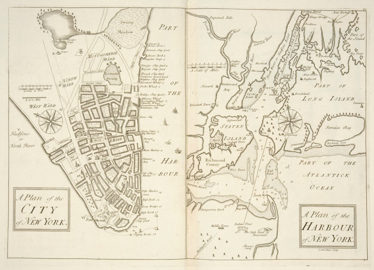 Holkham MS 109 F 41, plány města a přístavu New York, kolem 1740 (rytina) od John Carwitham
