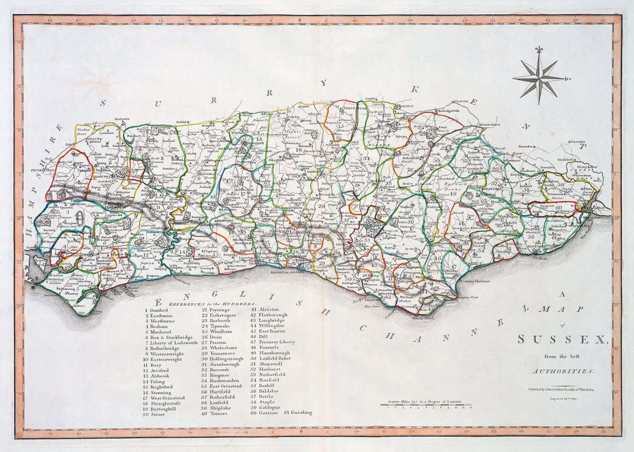 Mapa Sussexu, 26. března 1805 (ručně kolorovaná rytina) od John Cary