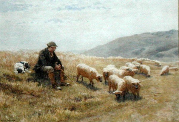 A Shepherd on the South Downs, cca 1900 (akvarel na papíře) od John Charles Dollman