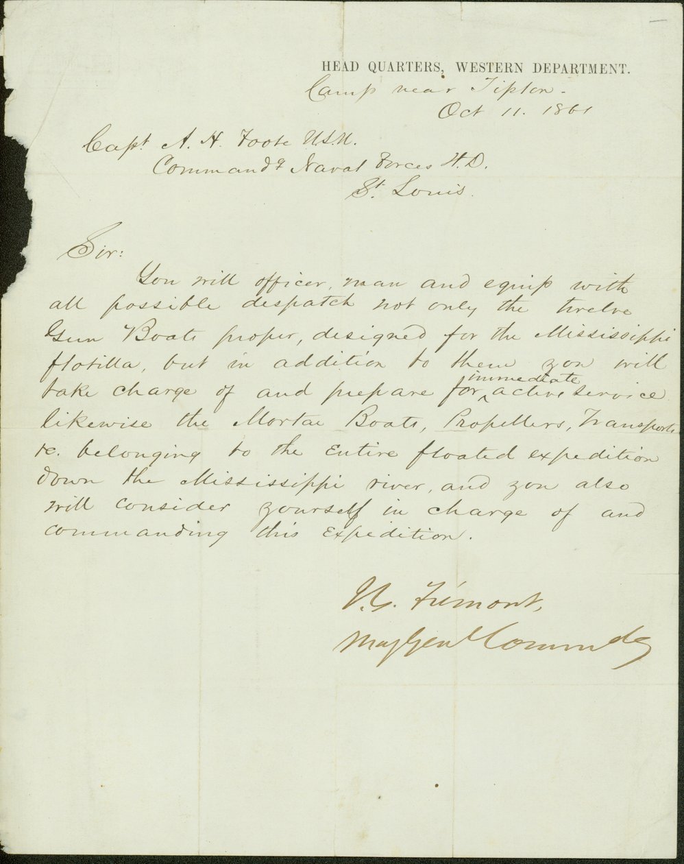 Dopis podepsaný J.C. Fremont, velící generálmajor, velitelé, západní oddělení, tábor poblíž Tiptonu, kapitánovi A.H. Foote, U.S.N. Velící námořní síly H.D., St. Louis, 11. října 1861 od John Charles Frémont