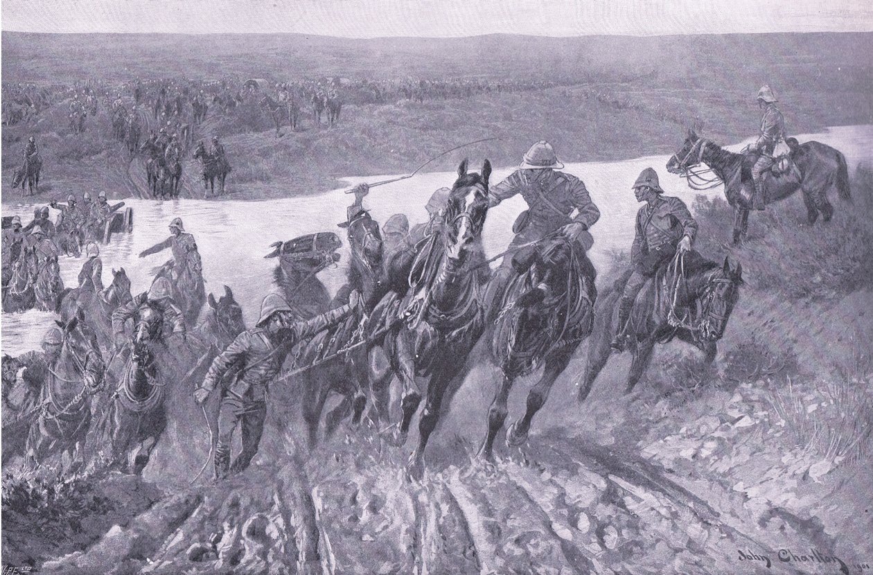 Dělostřelectvo brodící kaledon v Kareepoort Drift, ilustrace z After Pretoria: The Guerilla War, 1902 od John Charlton
