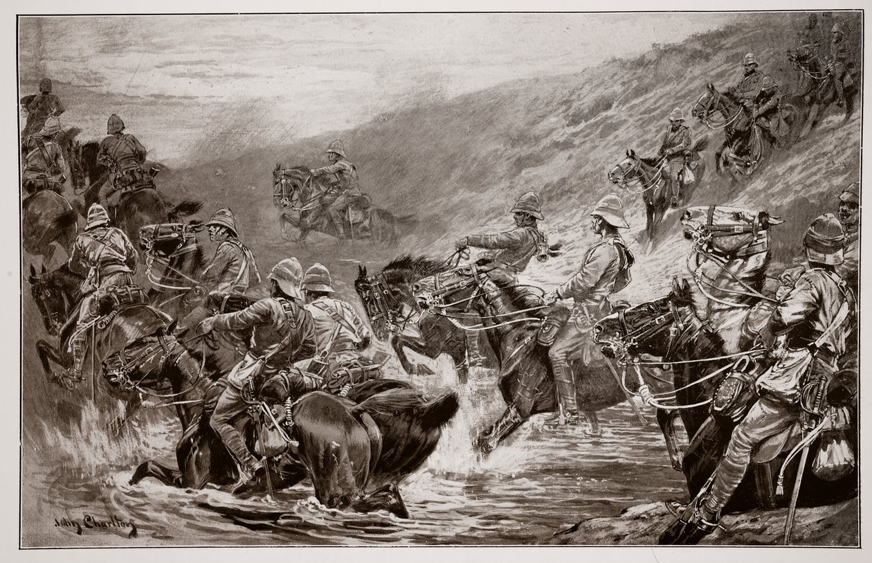 The Dash for Kimberley - The 10th Hussars Crossing Klip Drift, podle náčrtu G. D. Gilese (fl. 1890) od John Charlton