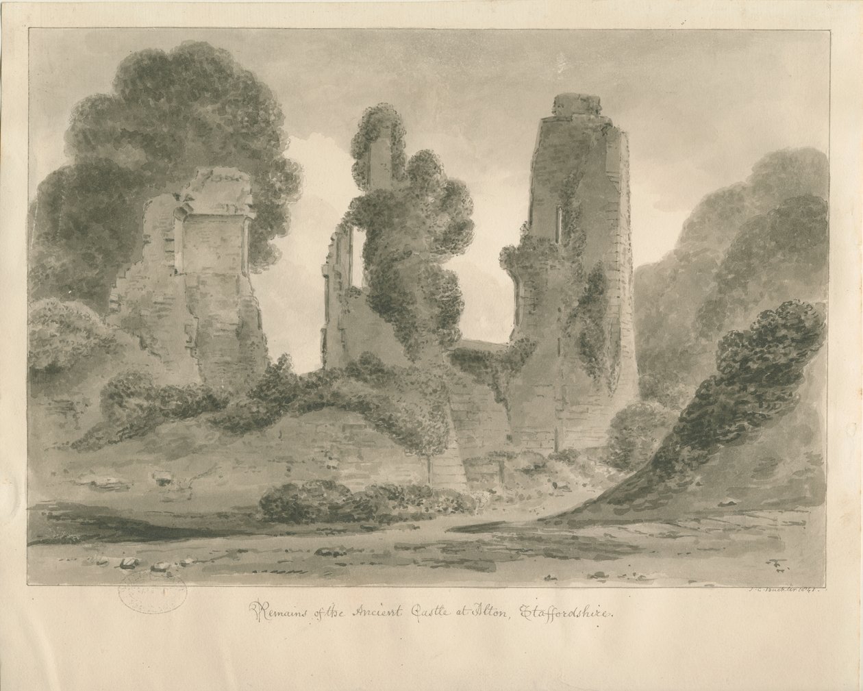 Alton Castle: sépiová kresba, 1841 od John Chessell Buckler