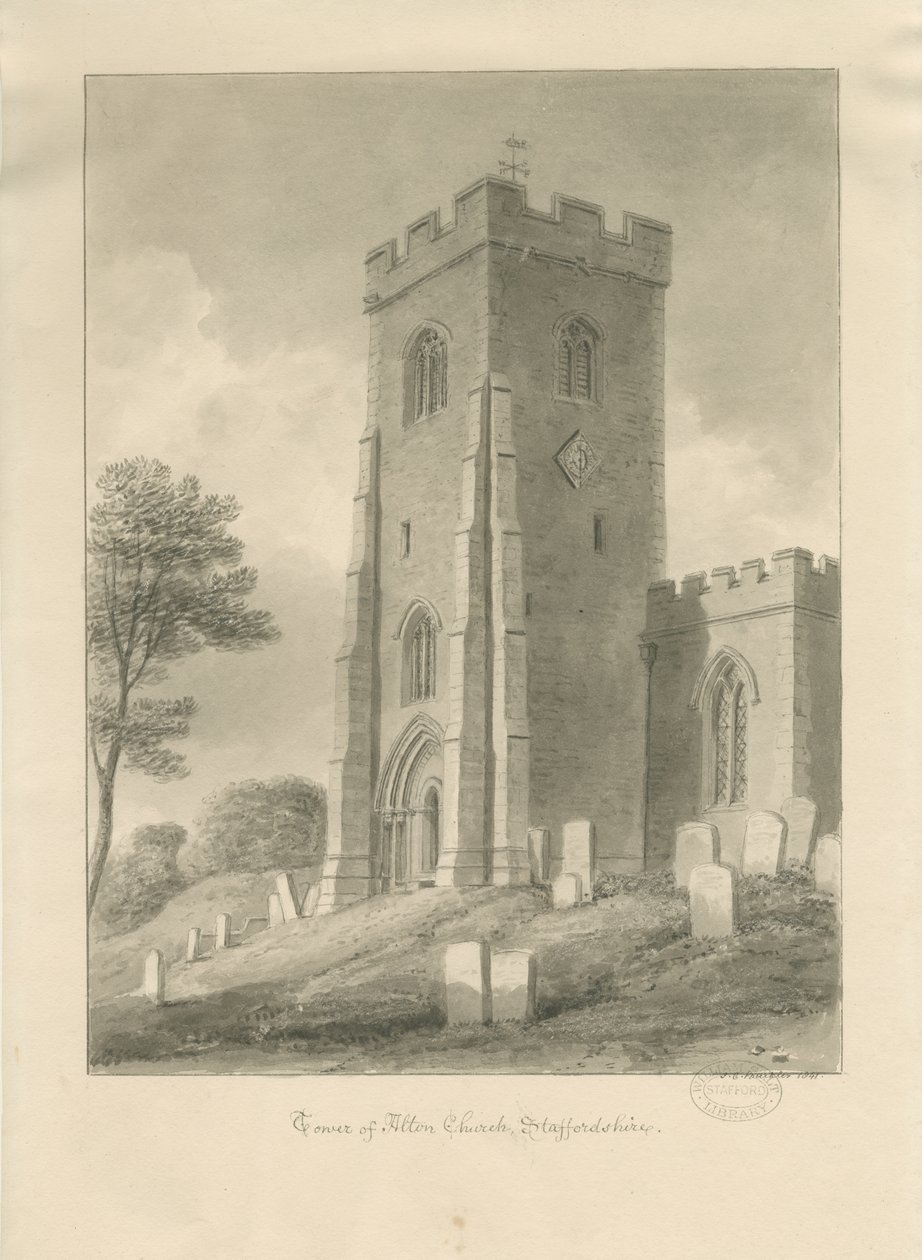 Alton Church - Tower: sépiová kresba, 1841 od John Chessell Buckler