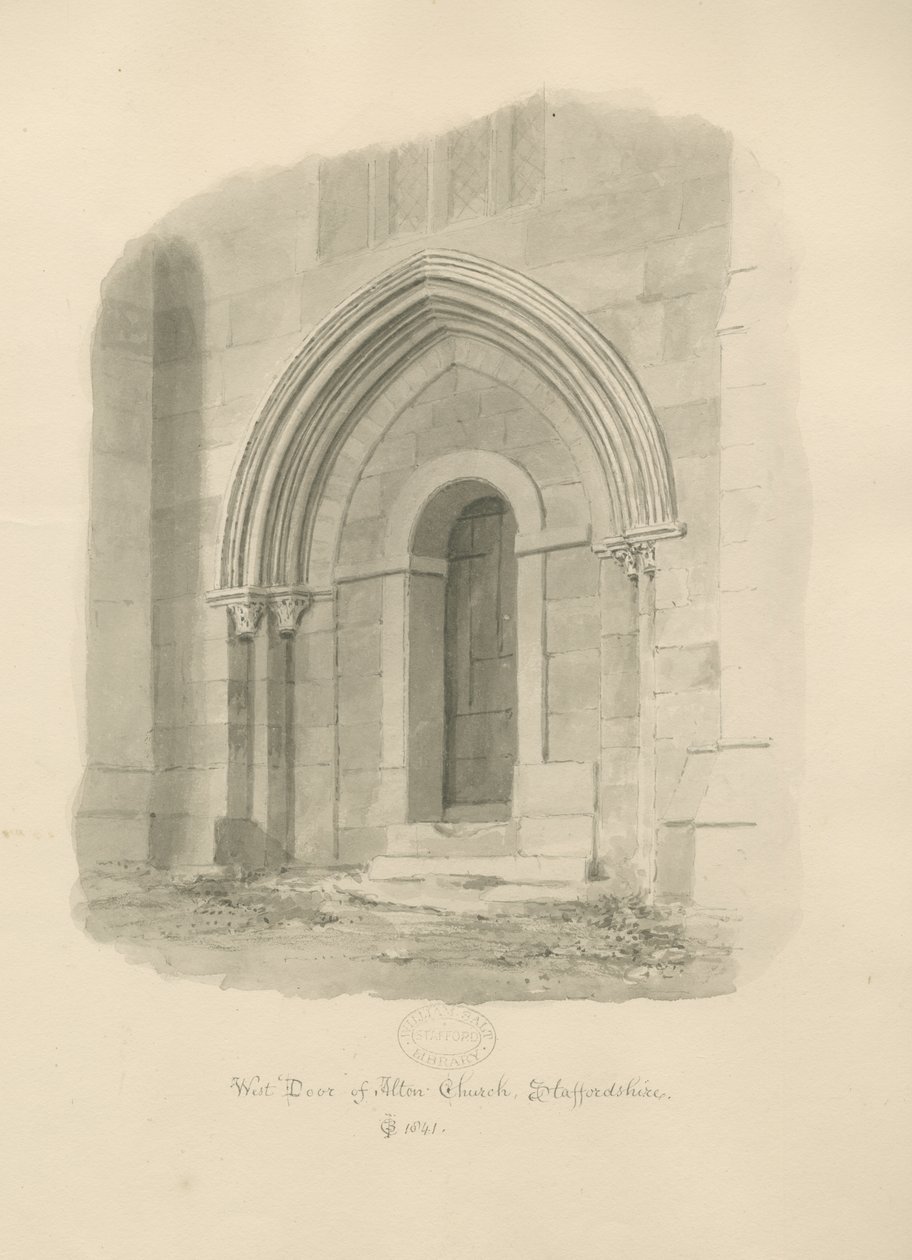 Alton Church - West Door: sépiová kresba od John Chessell Buckler