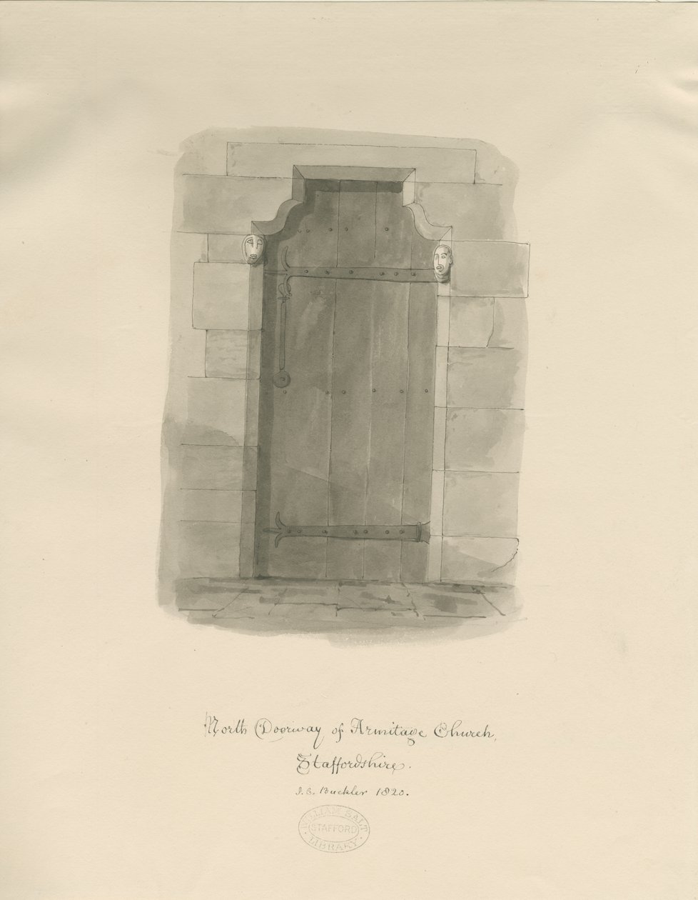Armitage Church - North Doorway: sépie kresba od John Chessell Buckler