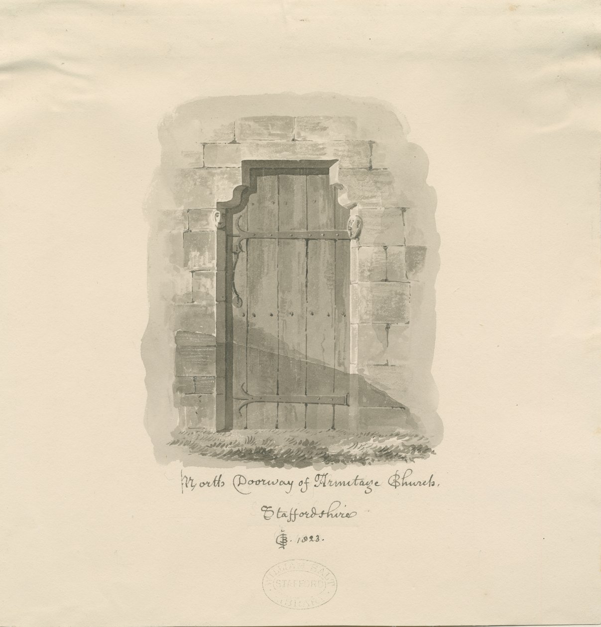 Armitage Church - North Doorway: sépiová kresba, 1823 od John Chessell Buckler