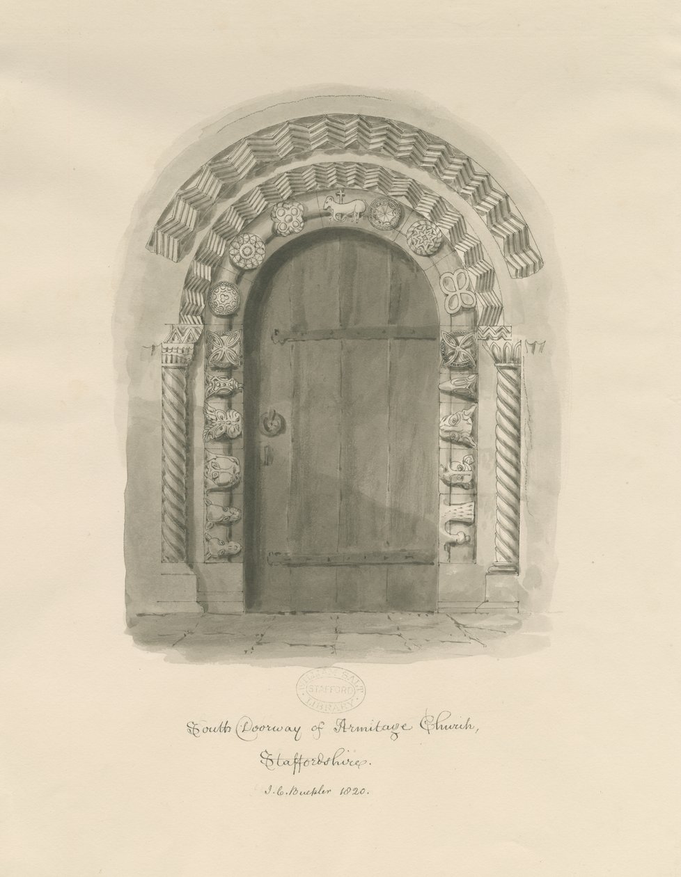 Armitage Church - South Doorway: sépiová kresba od John Chessell Buckler