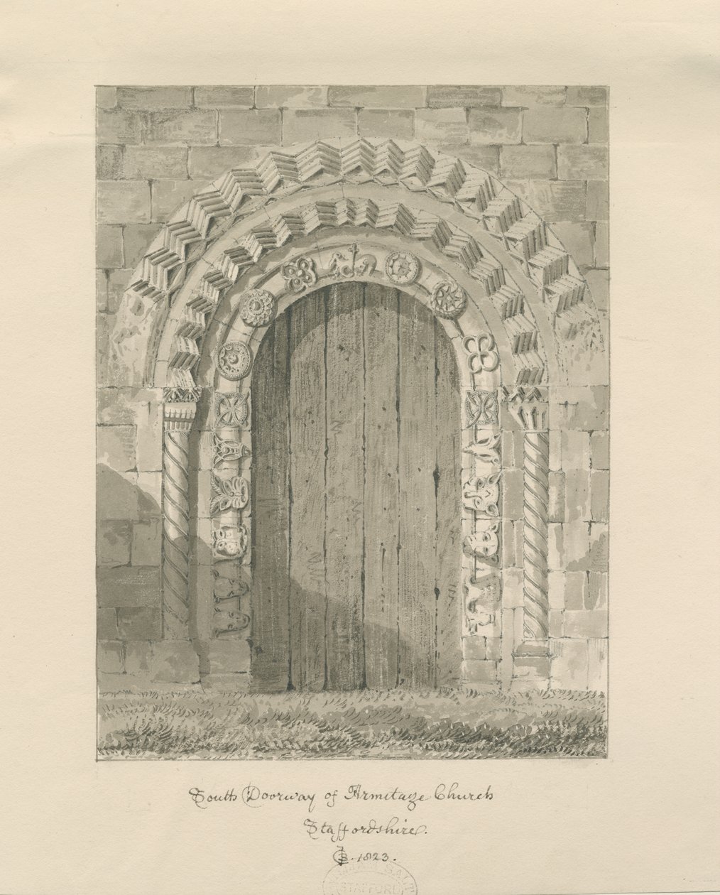 Armitage Church - South Doorway: sépiová kresba, 1823 od John Chessell Buckler