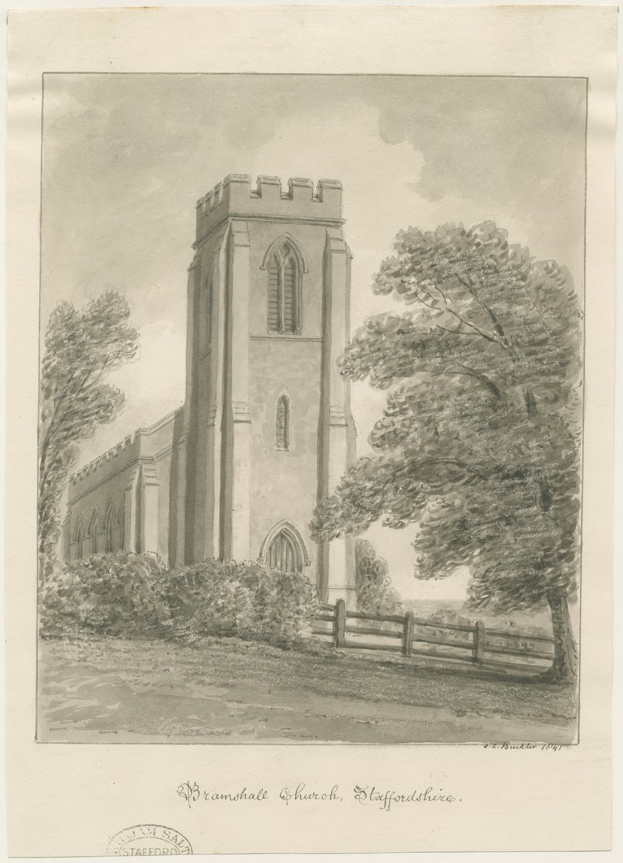 Bramshall Church: sépiová kresba od John Chessell Buckler