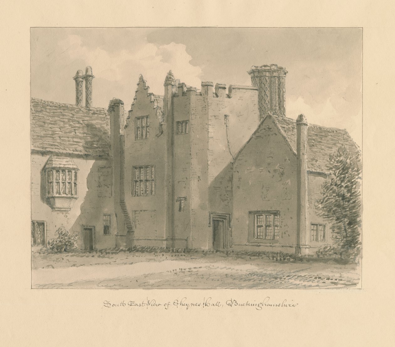 Buckinghamshire - Chenies Hall: sépiová kresba, 1824 od John Chessell Buckler