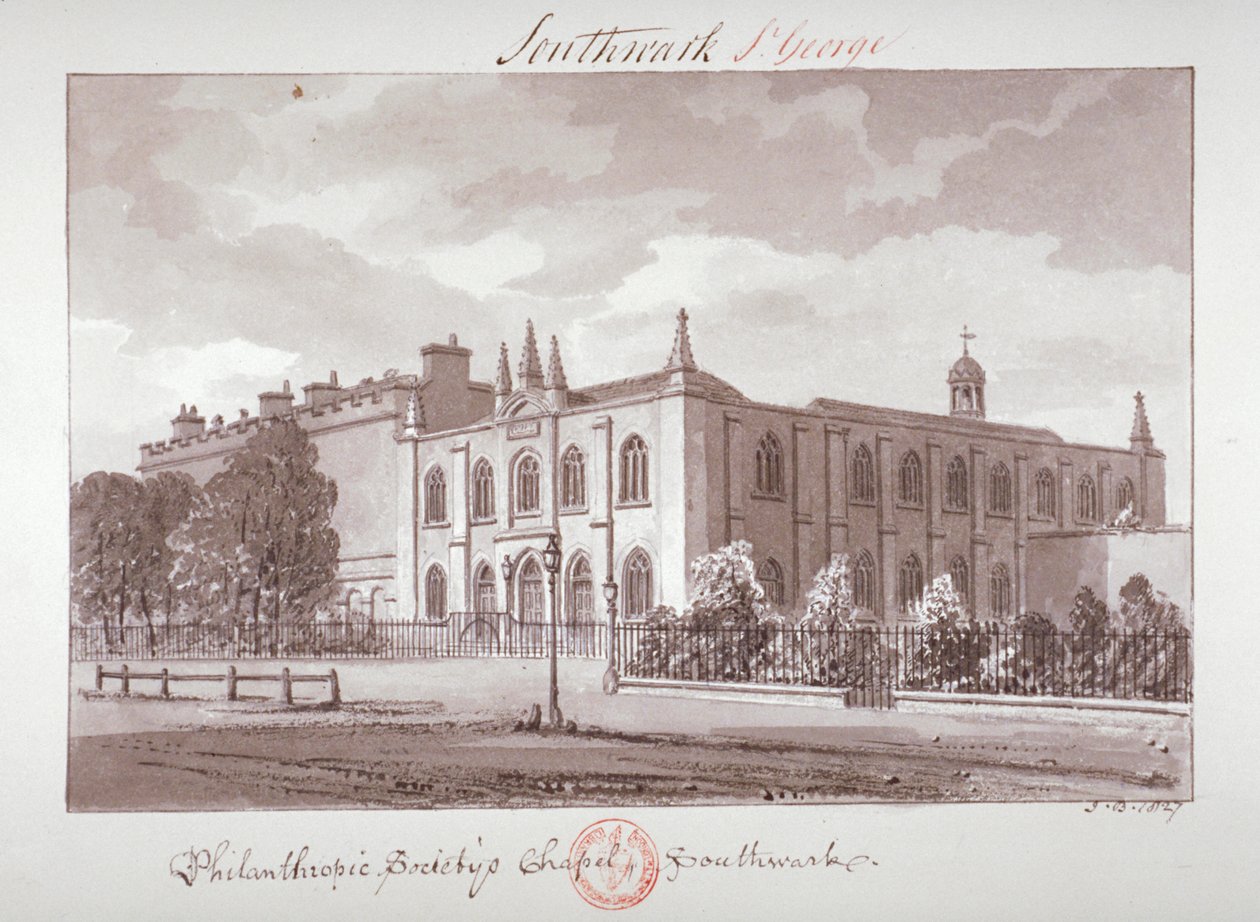 Kaple patřící k Philanthropic Society Institution, London Road, Southwark, Londýn, 1827 od John Chessell Buckler