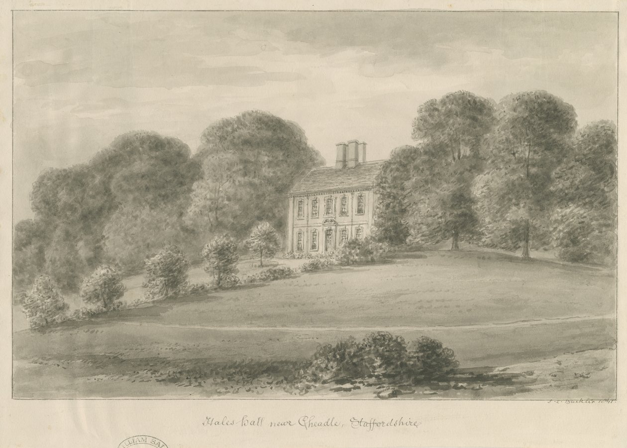 Cheadle - Hales Hall: sépiová lavírovaná kresba, 1841 od John Chessell Buckler