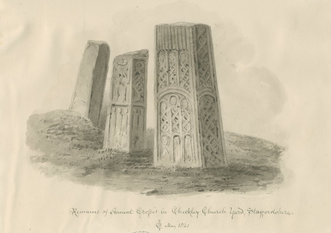 Checkley Church - Ancient Crosses: sépiová kresba od John Chessell Buckler