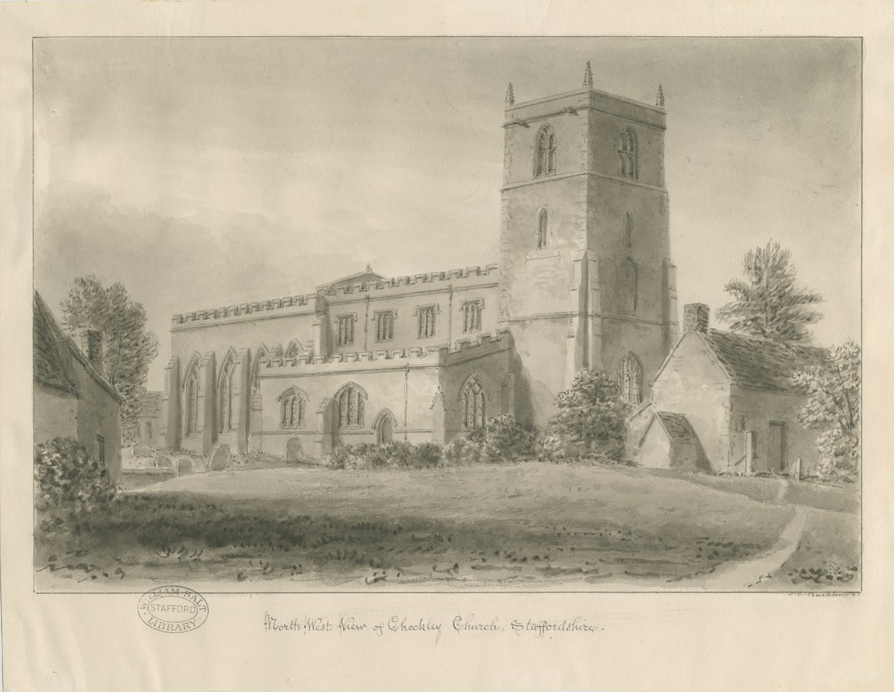 Checkley Church: sépiová kresba od John Chessell Buckler