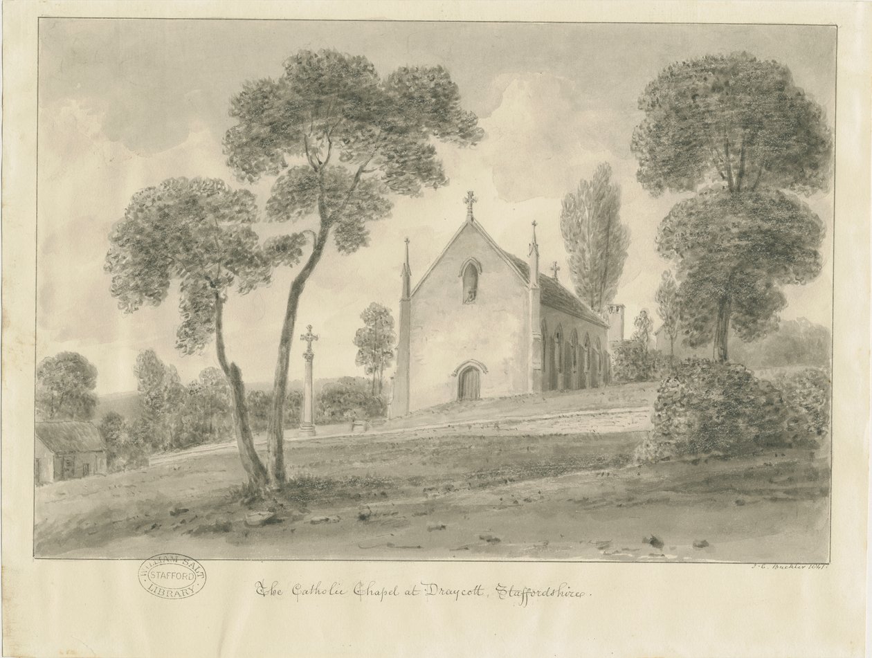 Cresswell - Katolická kaple Draycott-in-the-Moors: sépiová kresba, 1841 od John Chessell Buckler