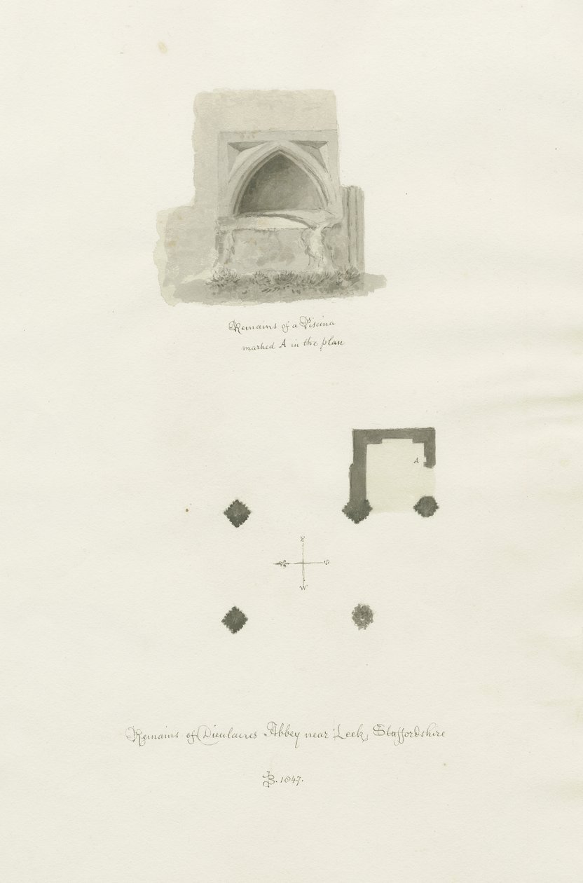 Dieulacres Abbey: sépiová kresba od John Chessell Buckler