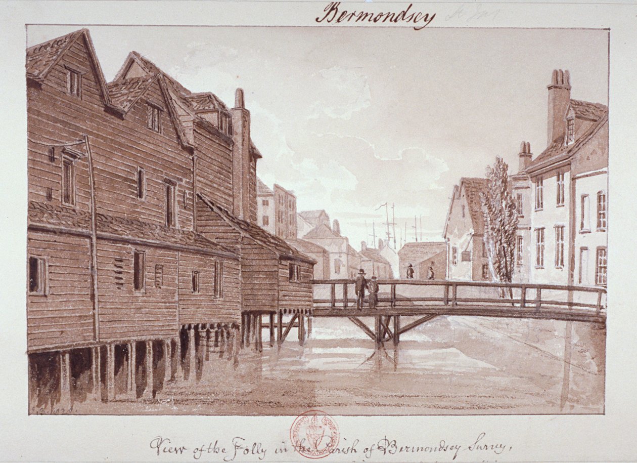 Dockhead Folly, Bermondsey, Londýn, 1828 od John Chessell Buckler