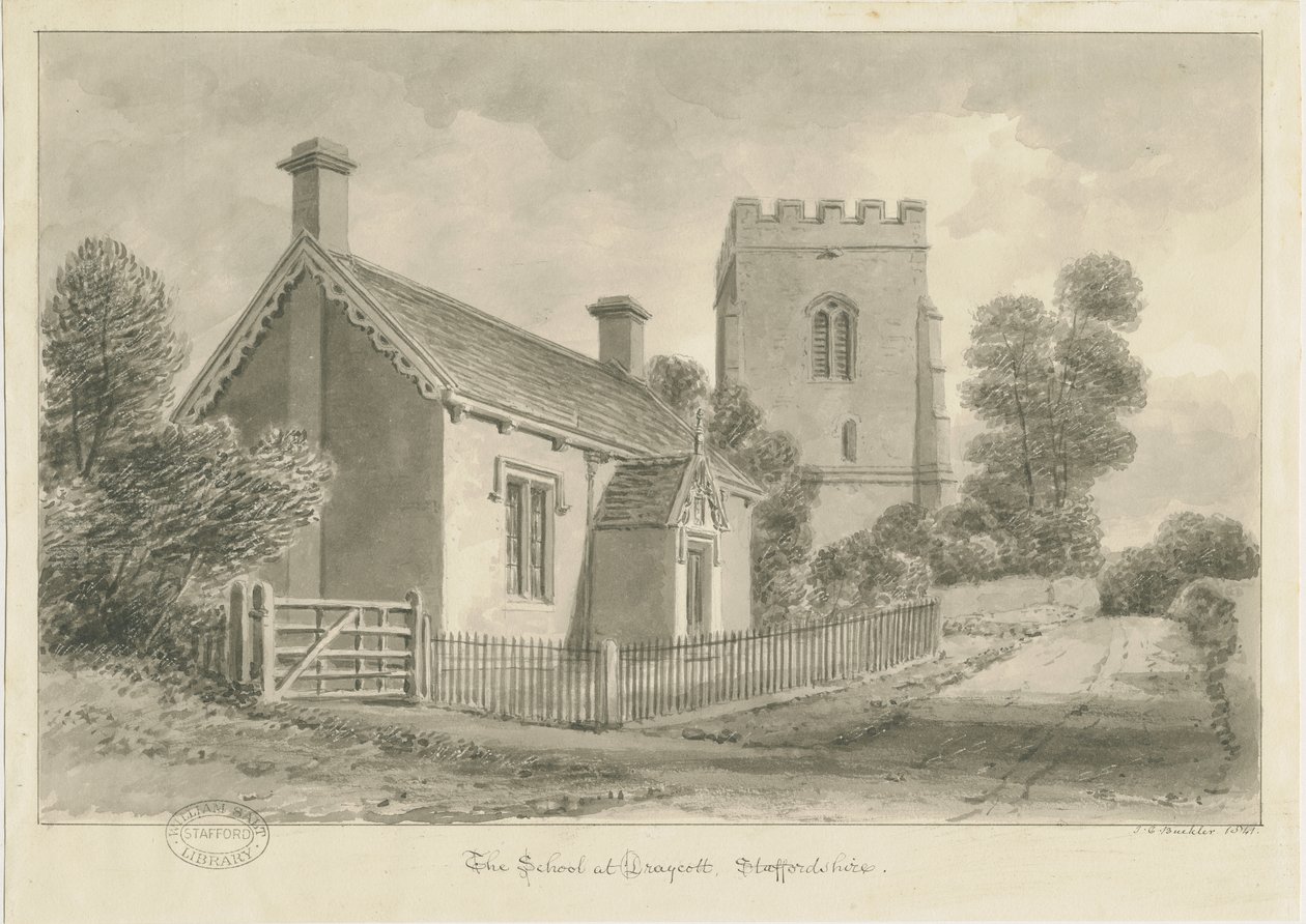 Draycott in the Moors - School: sépiová kresba, 1841 od John Chessell Buckler