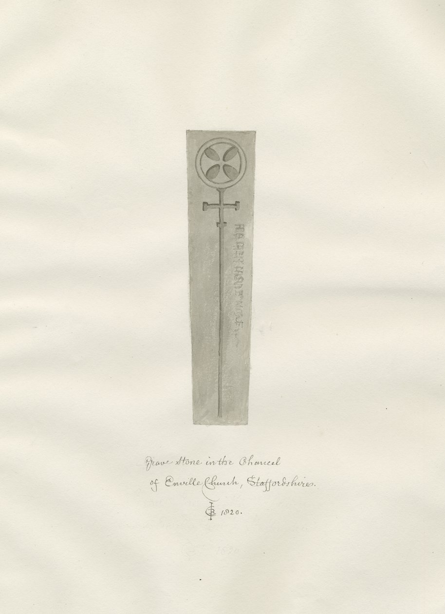 Enville Church - Gravestone: sépiová kresba od John Chessell Buckler