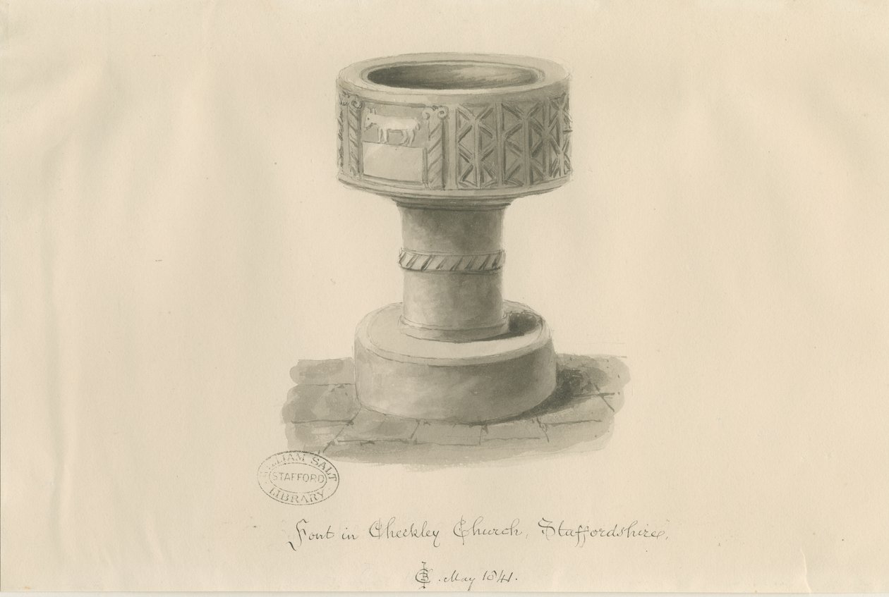 Písmo v Checkley Church: sépiová kresba, 1841 od John Chessell Buckler
