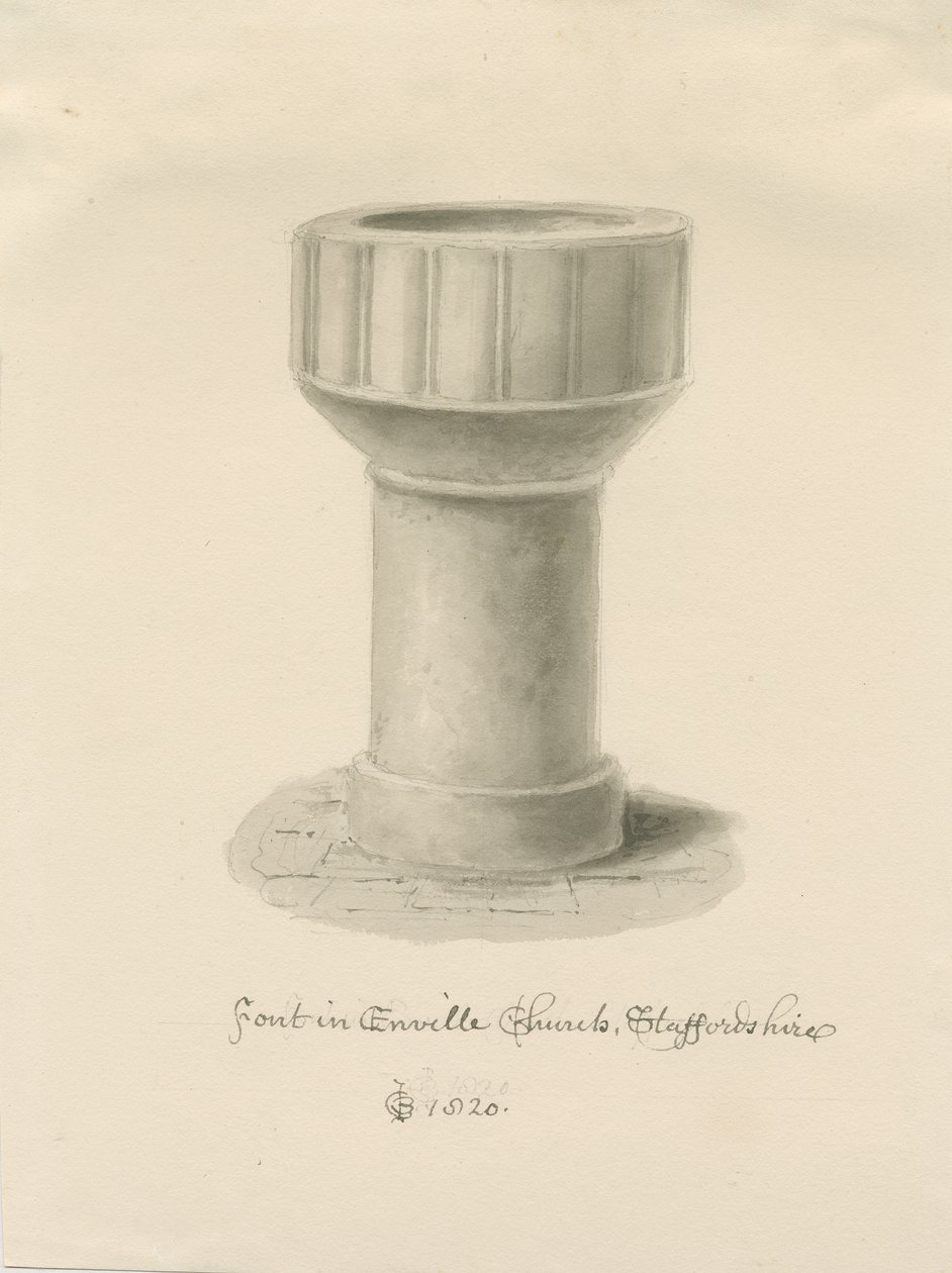 Písmo v kostele Enville: sépiová kresba, 1820 od John Chessell Buckler