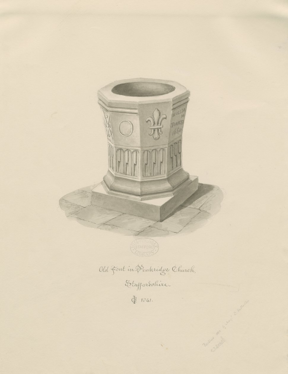 Písmo v kostele Penkridge: sépiová kresba, 1841 od John Chessell Buckler