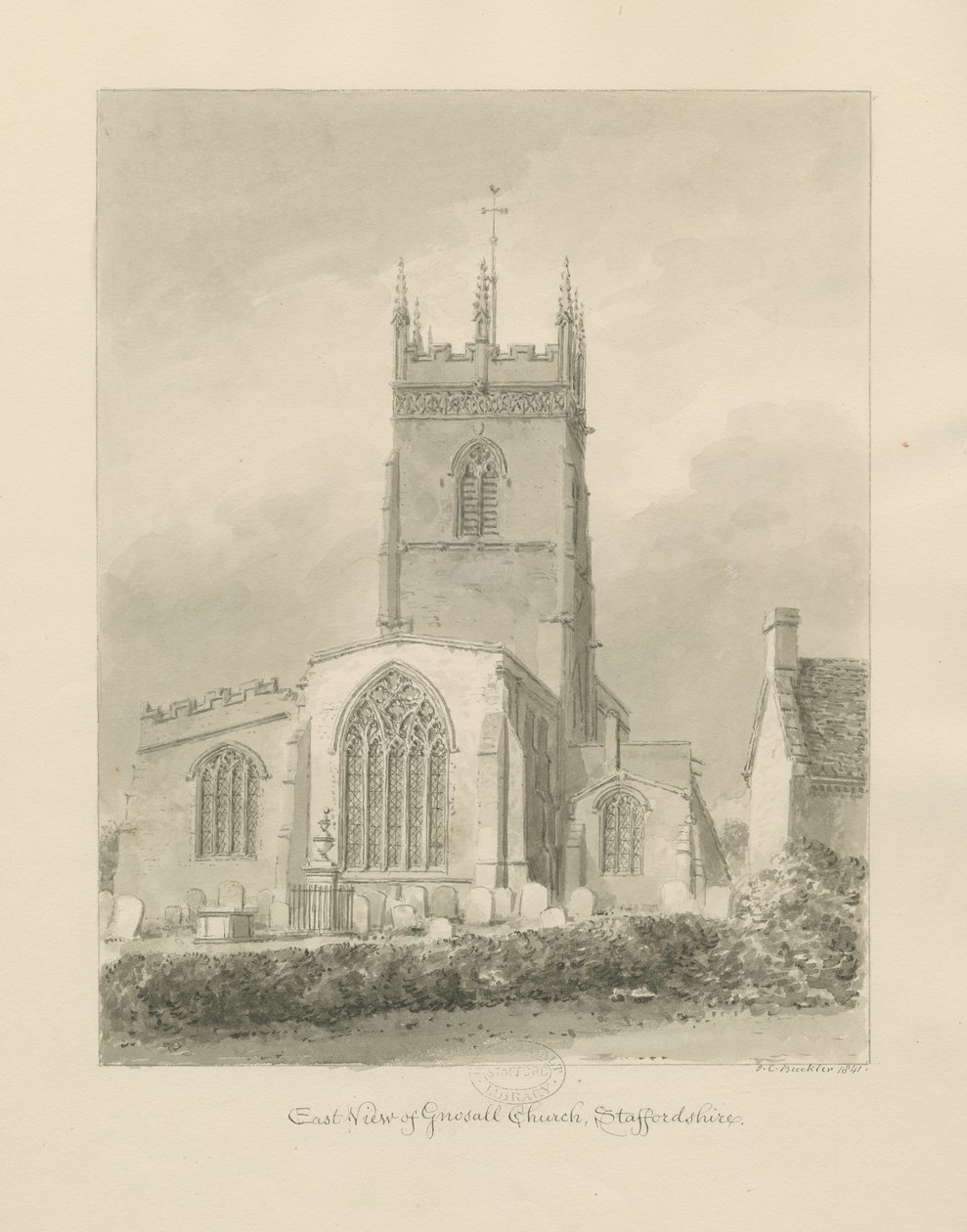 Gnosall Church: sépiová kresba od John Chessell Buckler
