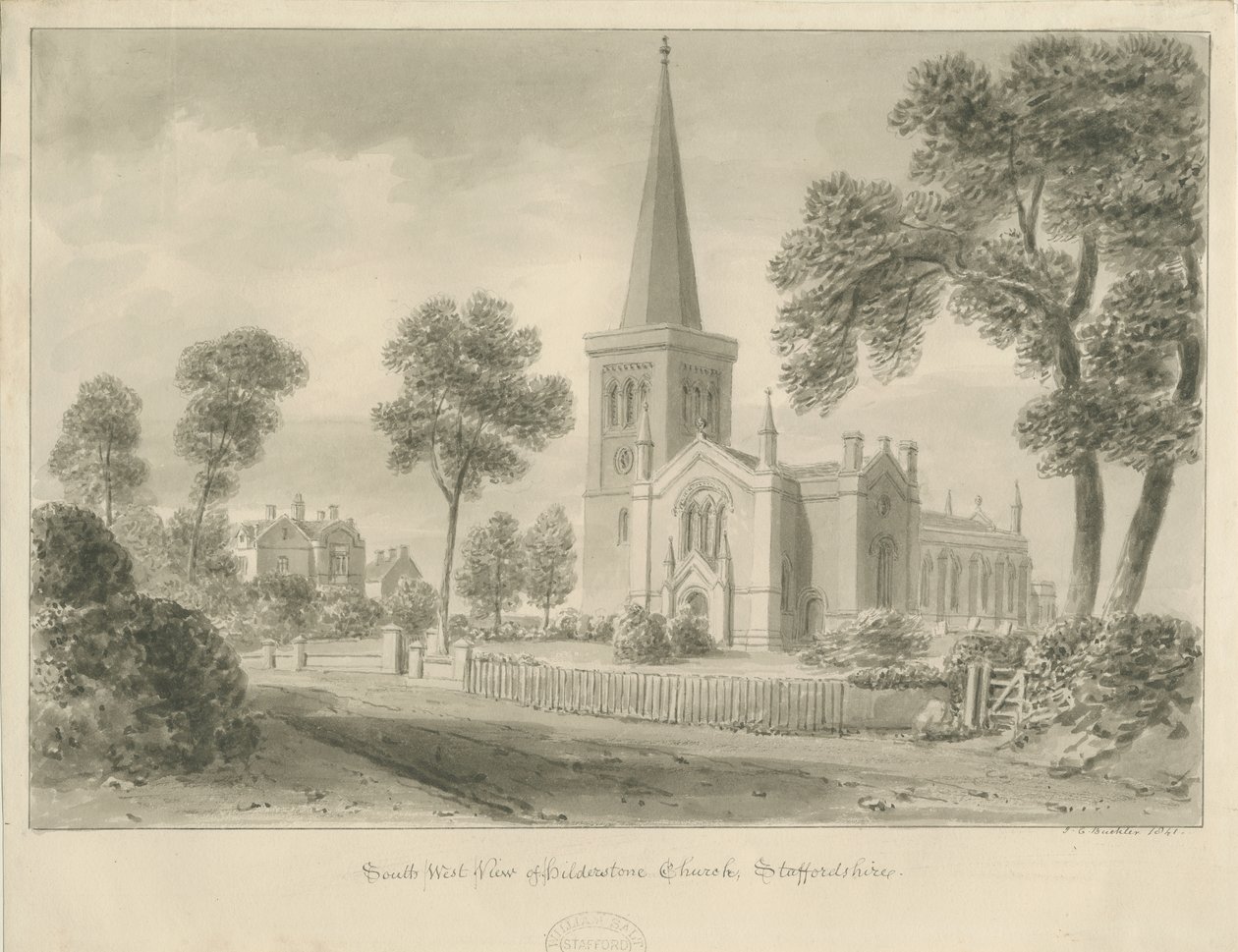 Hilderstone Church: sépie lavírovaná kresba od John Chessell Buckler