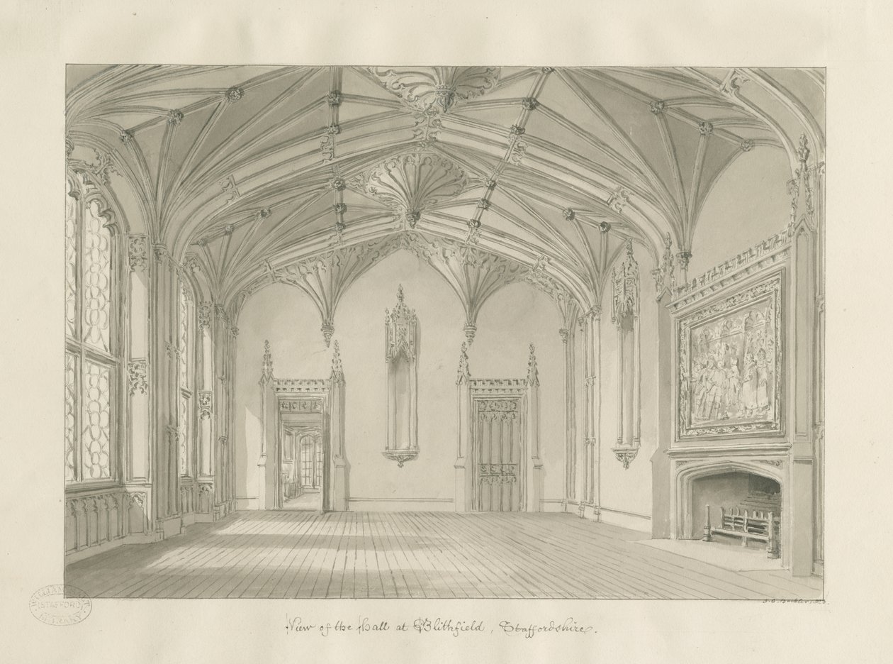 Interiér Blithfield Hall: sépiová kresba, 1823 od John Chessell Buckler