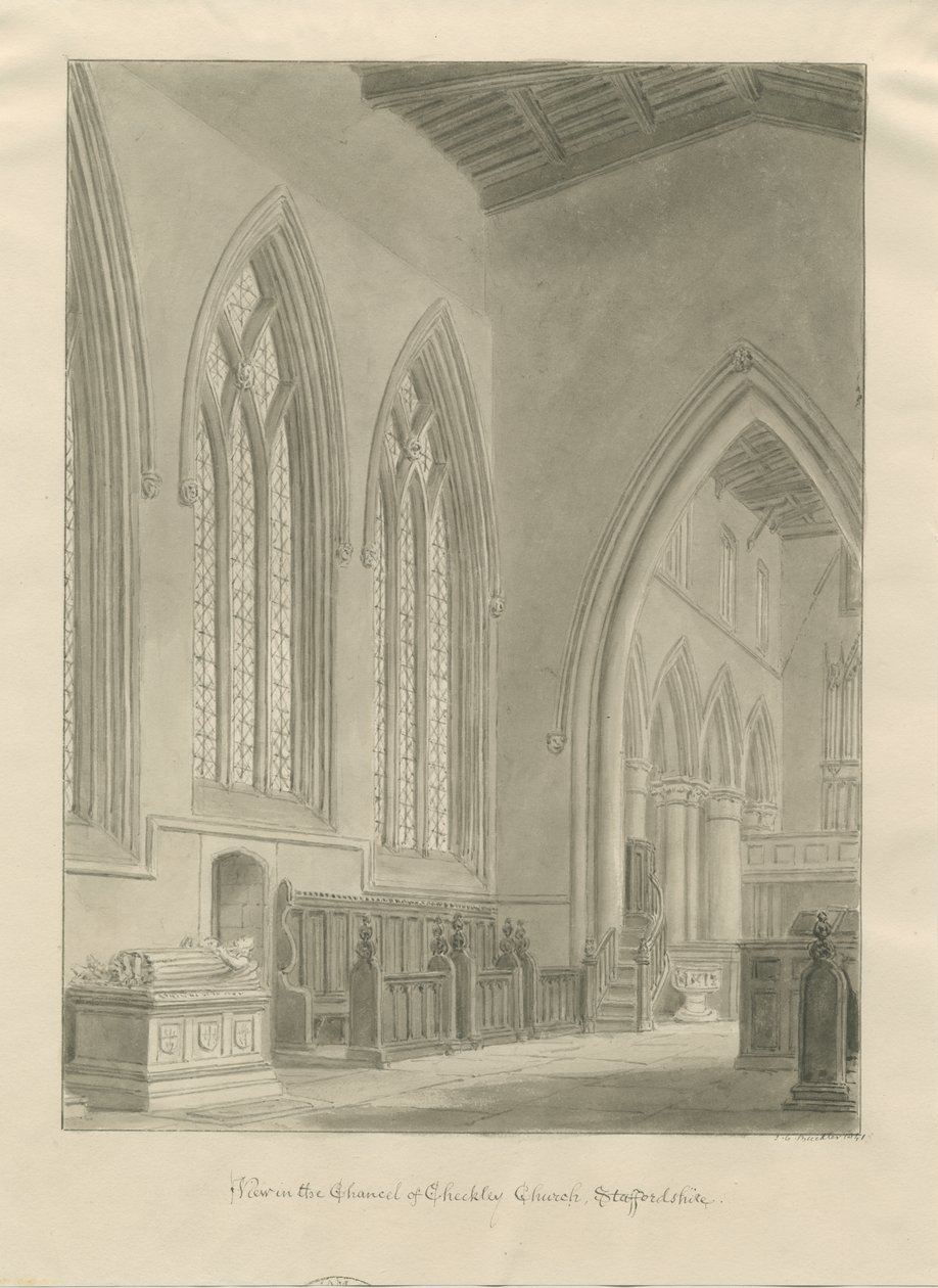 Interiér Checkley Church: sépiová kresba, 1841 od John Chessell Buckler