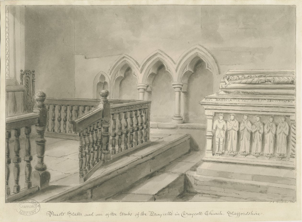 Interiér Draycott v kostele Moors: sépiová kresba, 1841 od John Chessell Buckler