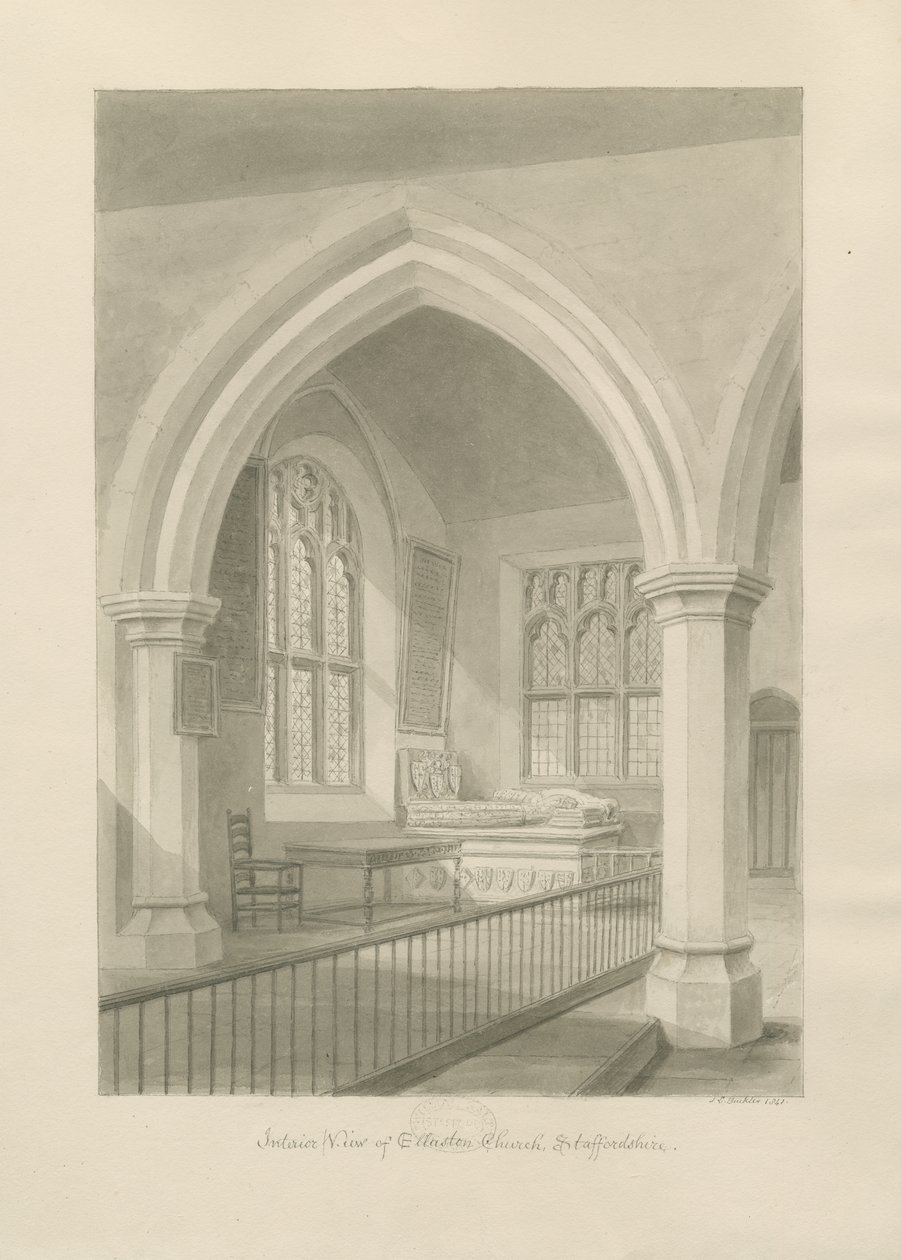Interiér Ellastone Church: sépiová kresba, 1841 od John Chessell Buckler
