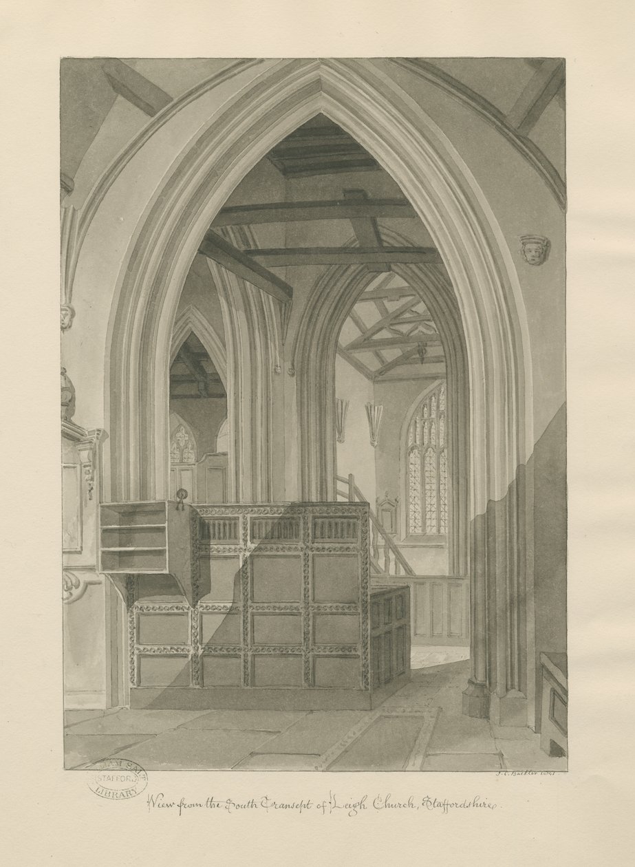 Interiér kostela Leigh: sépiová kresba, 1841 od John Chessell Buckler