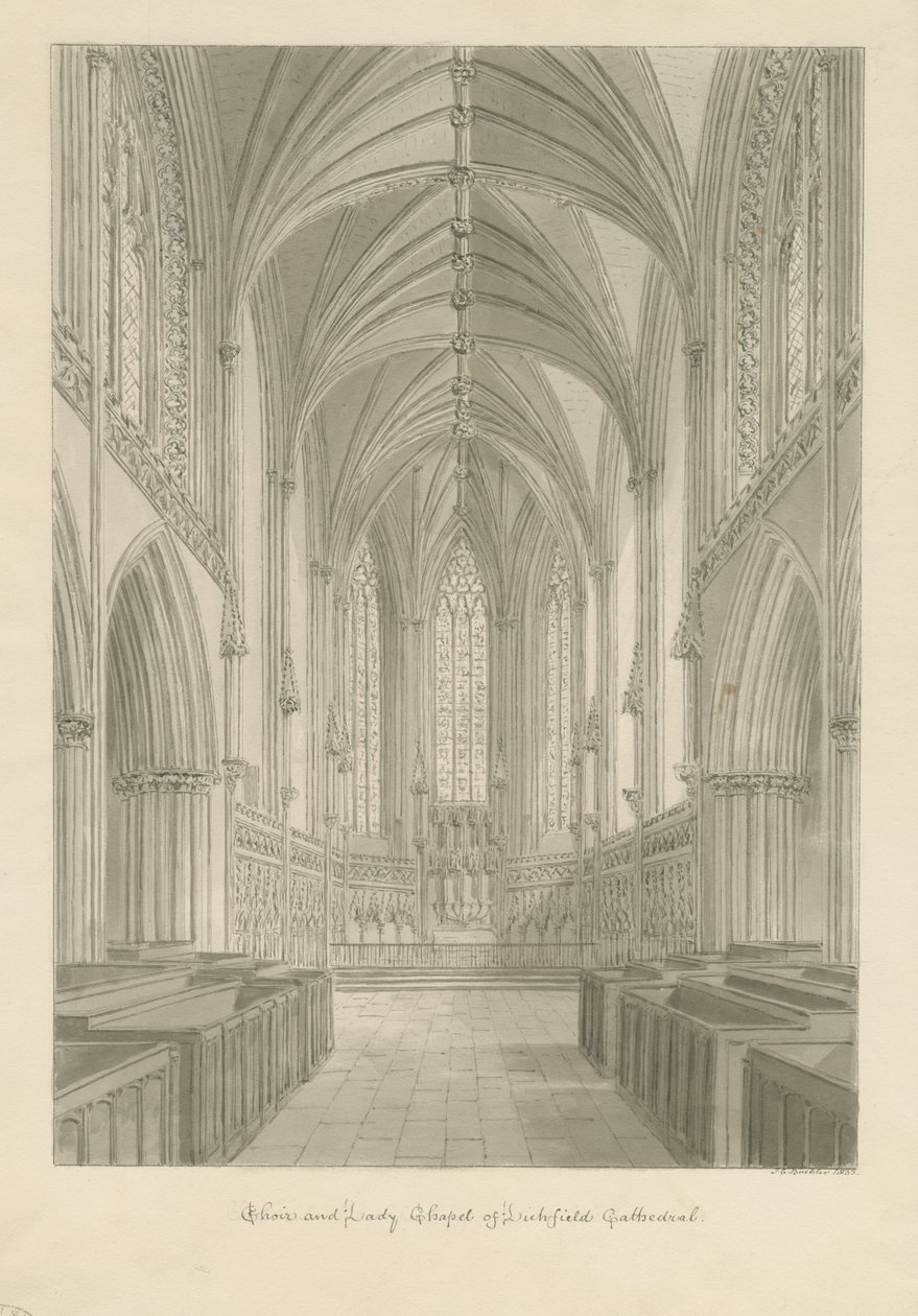 Interiér Lichfield Cathedral - Choir and Lady Chapel: sépie kresba od John Chessell Buckler