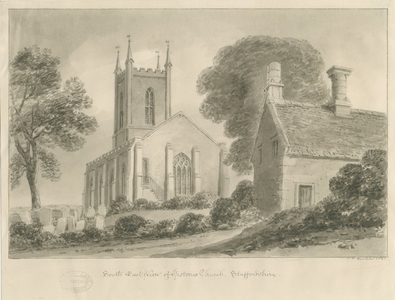 Ipstones Church: sépiová kresba od John Chessell Buckler