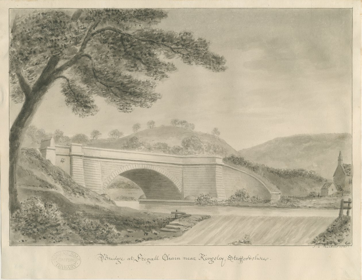 Kingsley - Bridge at Froghall: sépiová kresba, 1841 od John Chessell Buckler