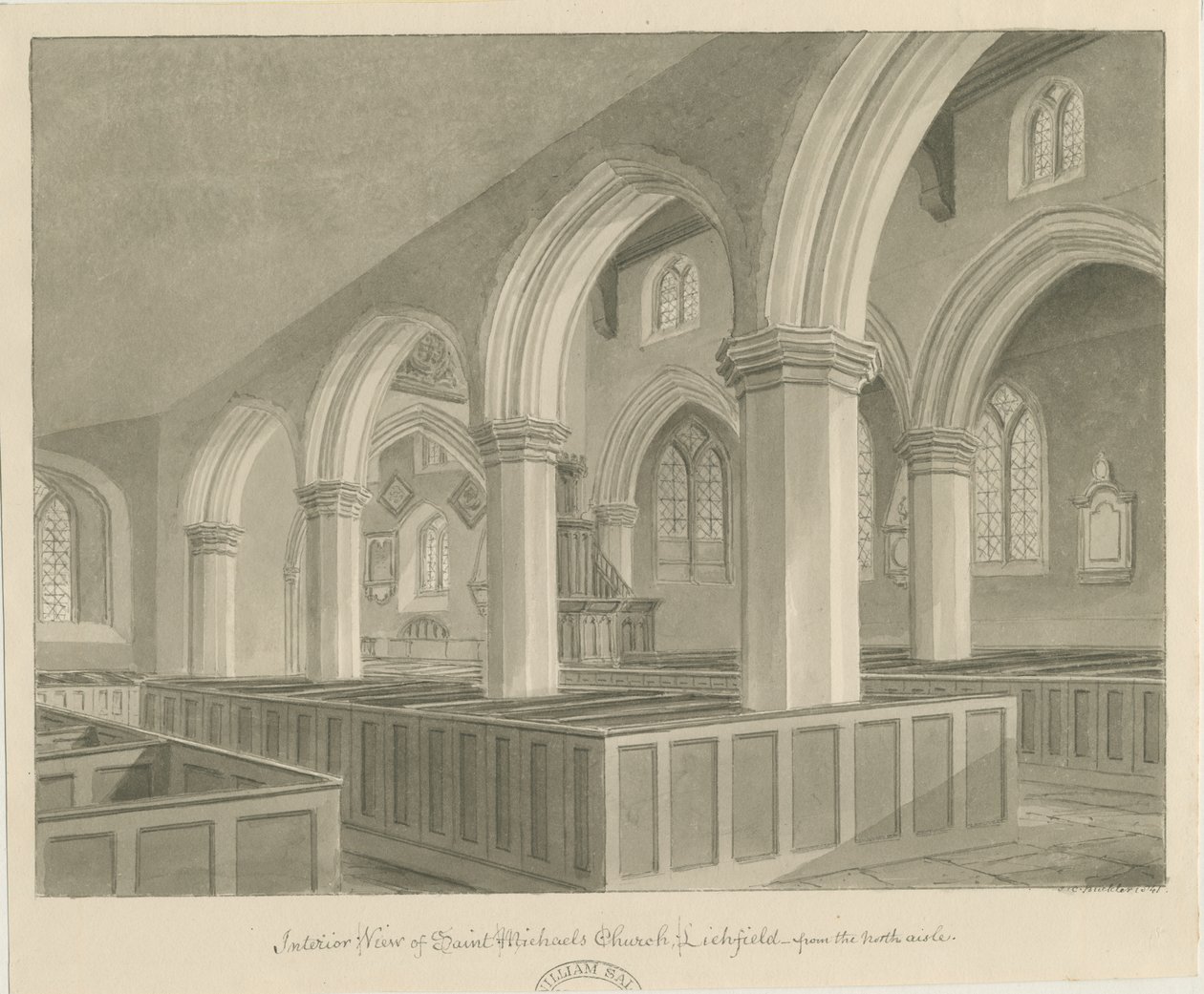 Lichfield - interiér kostela sv. Michala: sépiová kresba od John Chessell Buckler