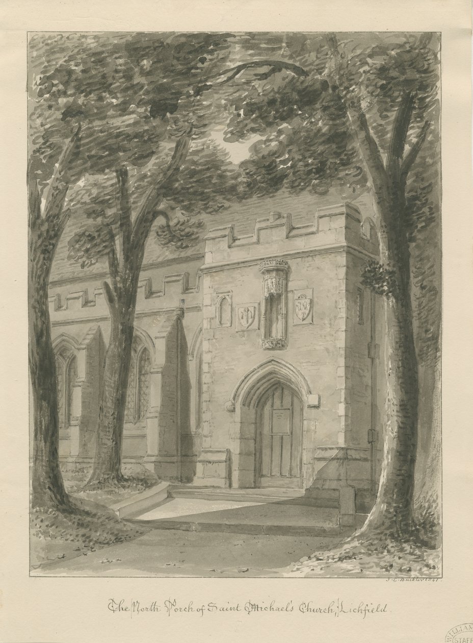 Lichfield - Severní veranda kostela sv. Michaela: kresba sépie od John Chessell Buckler
