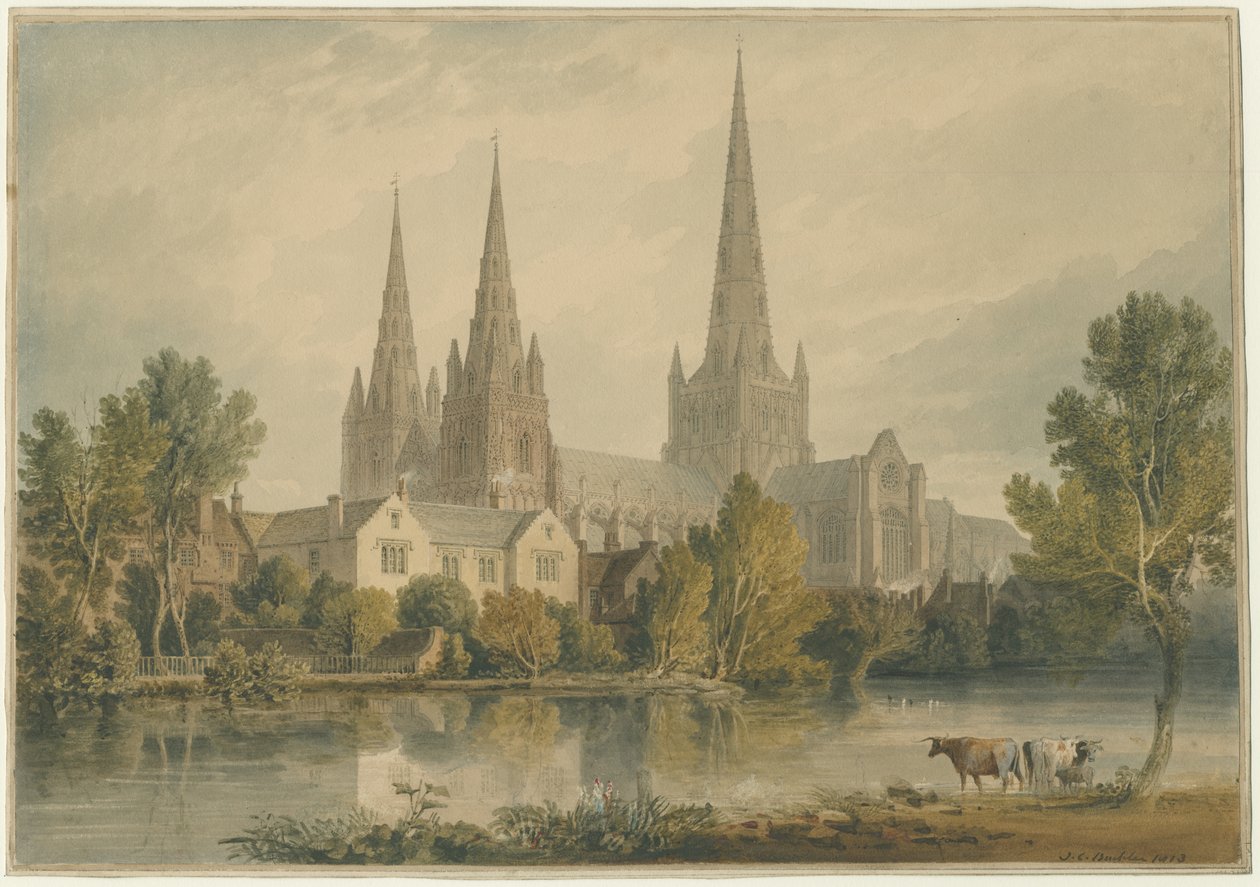 Katedrála Lichfield - South West View: malba vodovými barvami, 1813 od John Chessell Buckler