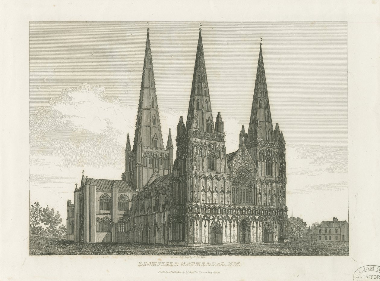 Katedrála Lichfield – západní fronta: rytina, nd [c 1820] (tisk) od John Chessell Buckler