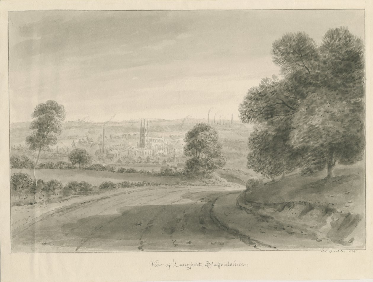 Longport Village: sépiová kresba od John Chessell Buckler