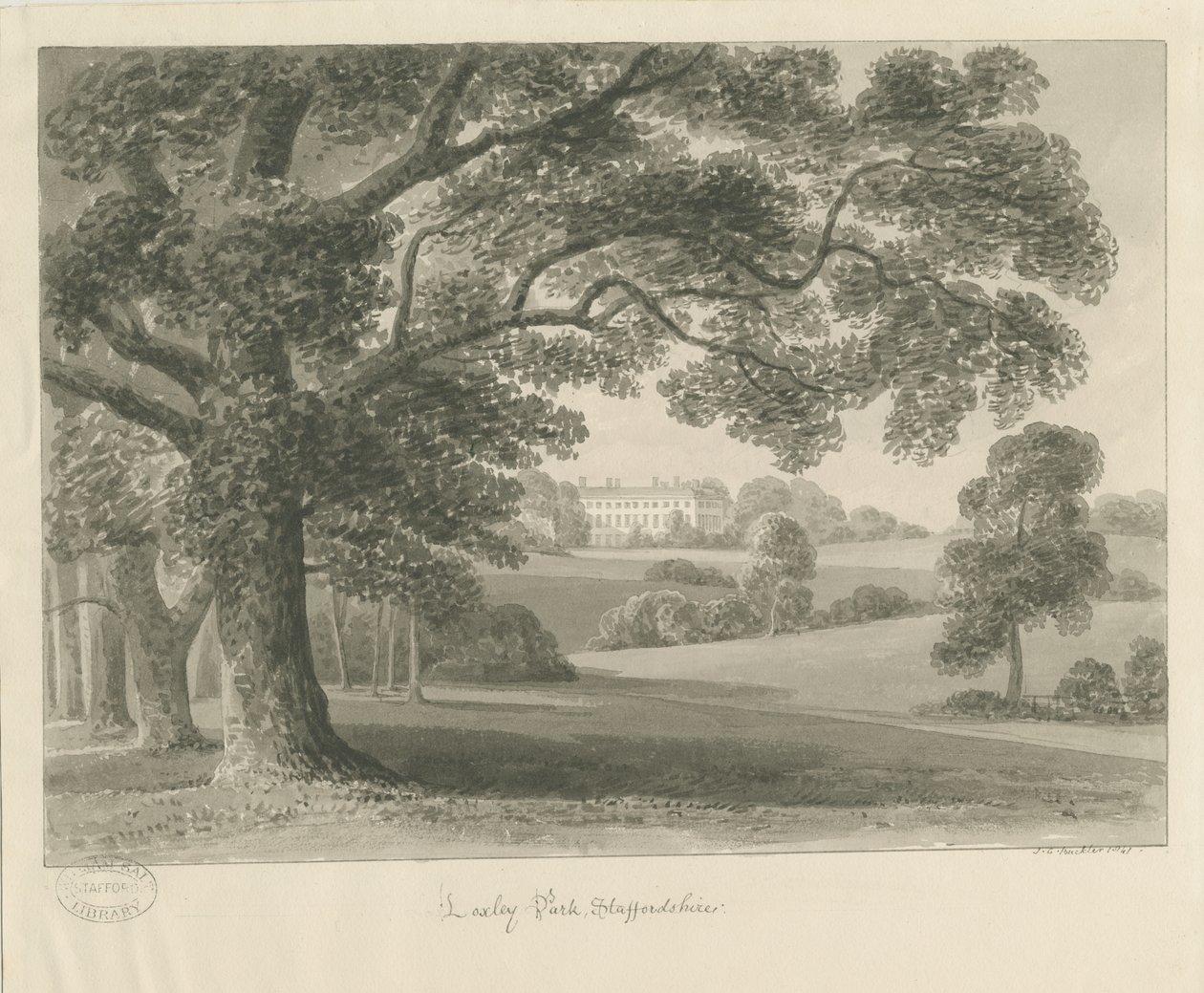Loxley Park: sépiová kresba, 1841 od John Chessell Buckler
