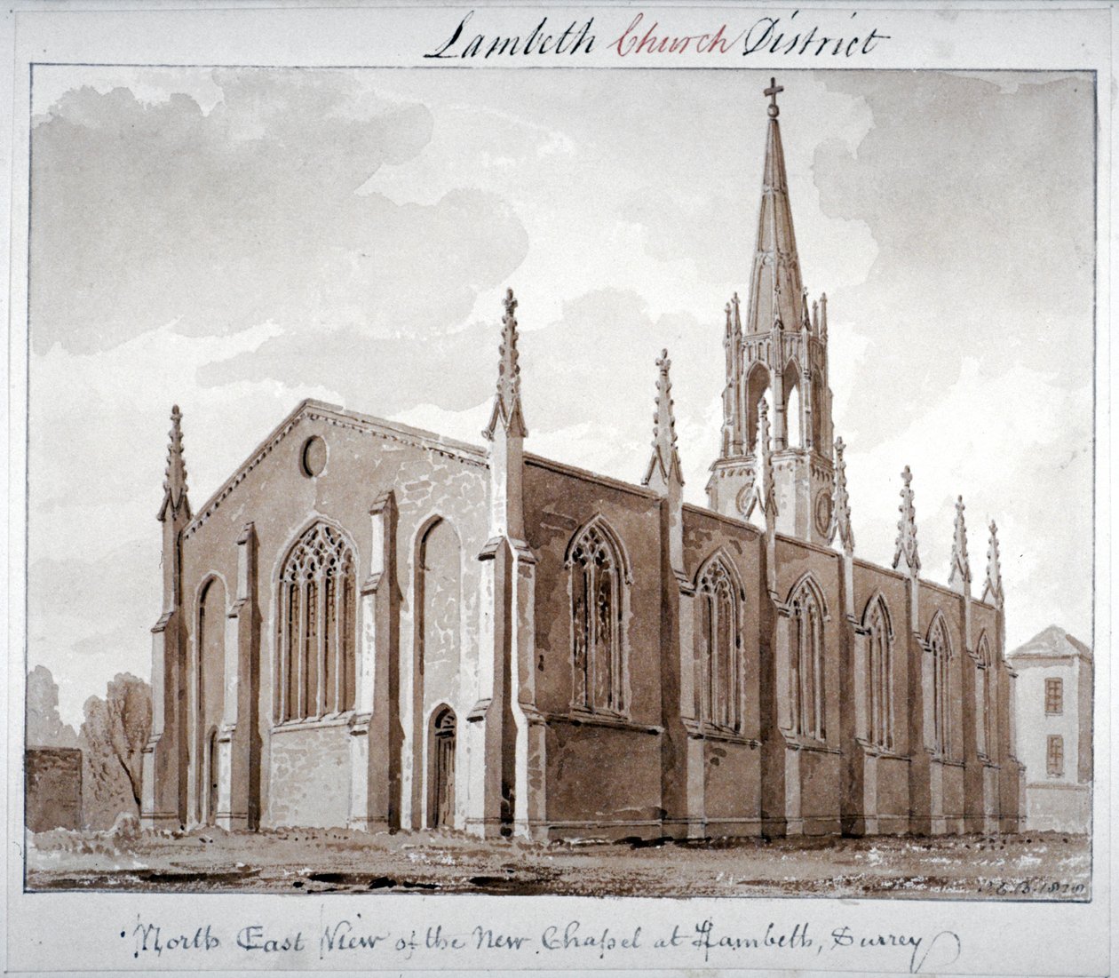 Severovýchodní pohled na kostel St Mary the Less, Lambeth Butts, Londýn, 1828 od John Chessell Buckler