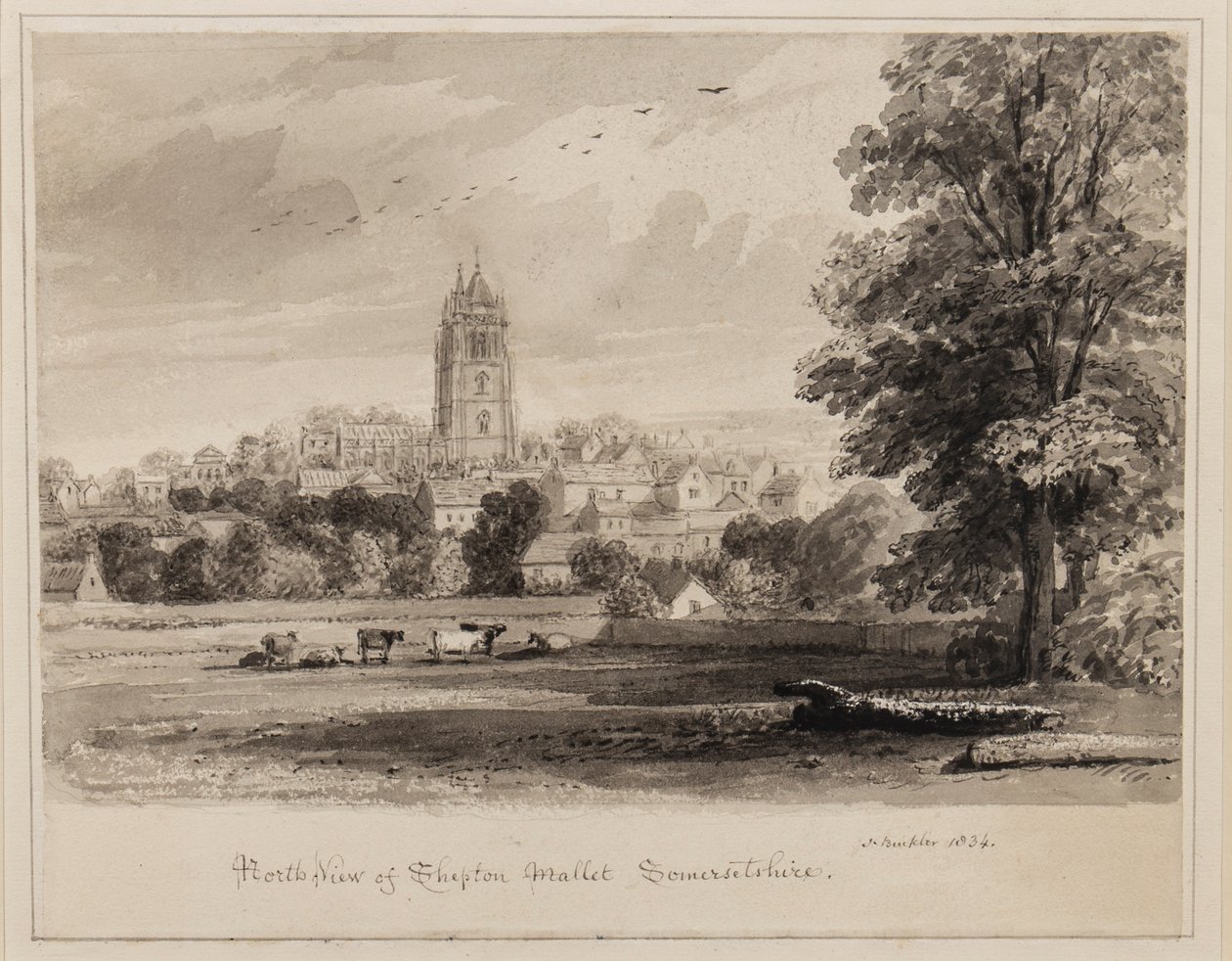 North West View of Shepton Mallet, Somersetshire, 1834 (pero, štětec a inkoust na papíře) od John Chessell Buckler