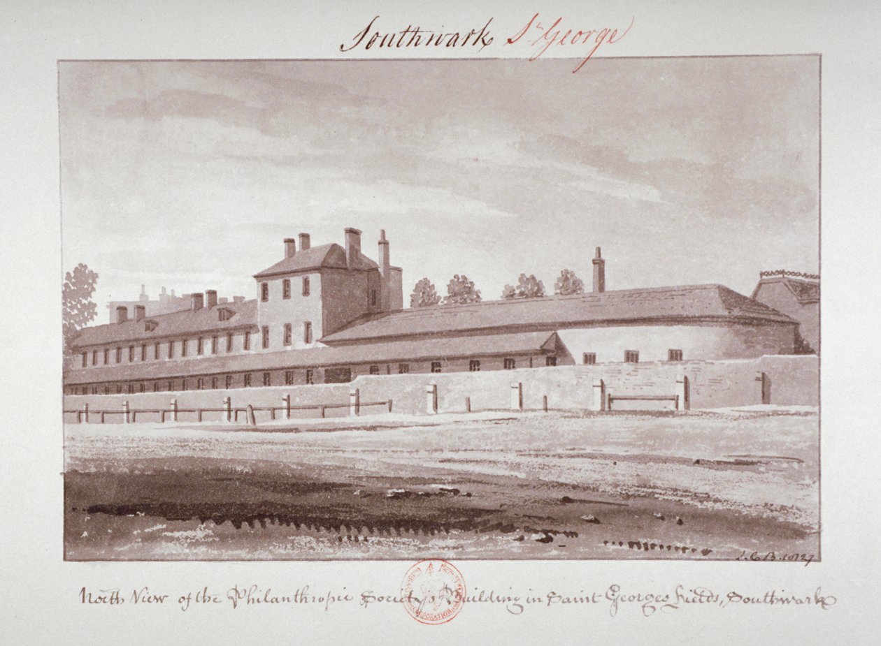 Severní pohled na Philanthropic Society Institution na London Road, Southwark, Londýn, 1827 od John Chessell Buckler